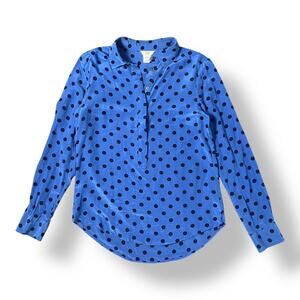 Joe Fresh Blue Polka Dot Silk Blouse Top Size M Business Casual‎ Preppy